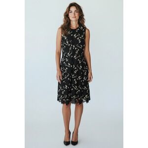 Lela Rose Black Lace Floral Midi Dress Classic Cocktail Holiday Romantic  12